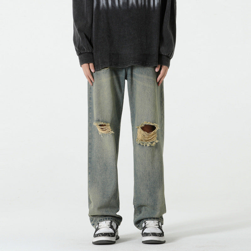 Hole-Designed Straight Leg Jeans for Men – Vintage Blue