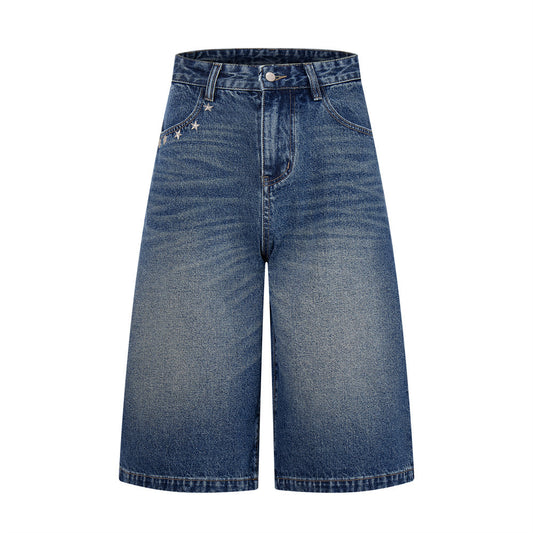 Blue Bleached Denim Shorts with Rhinestones and Distressed Details