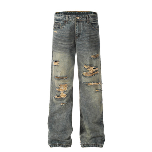Washed Denim Straight Leg Pants With Holes In Blue For Casual Wear