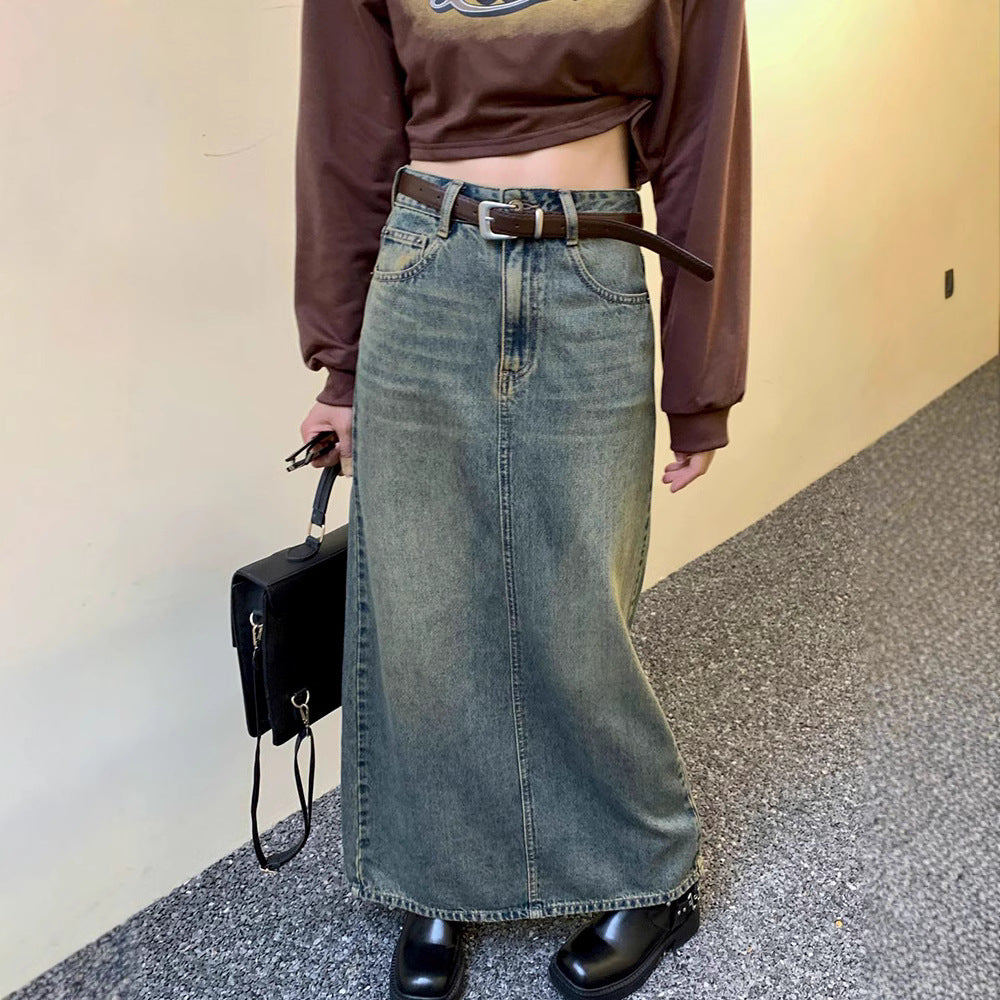 Retro High-Waist Slim A-Line Long Denim Skirt