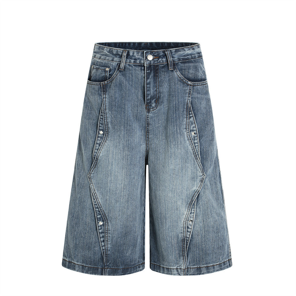 Men's Deconstructed Riveted Denim Shorts - Loose Fit