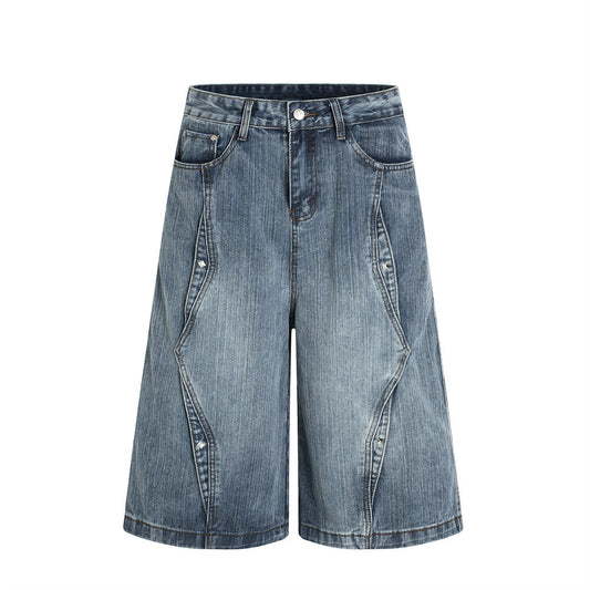 Men's Deconstructed Riveted Denim Shorts - Loose Fit