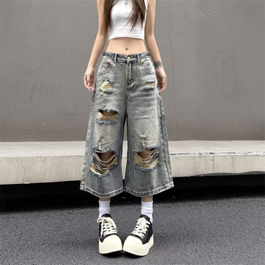 Light Colored Perforated Straight Leg Denim Cropped Pants for Women