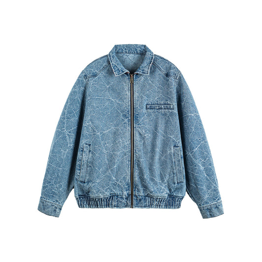 Versatile Casual Zipper Denim Jacket with Cracked Wash