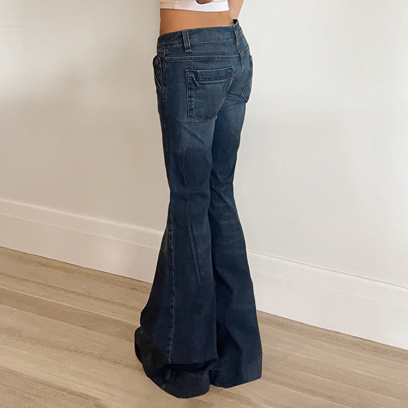 Hot Girl Washed and Worn Low Waisted Slightly Flared Jeans