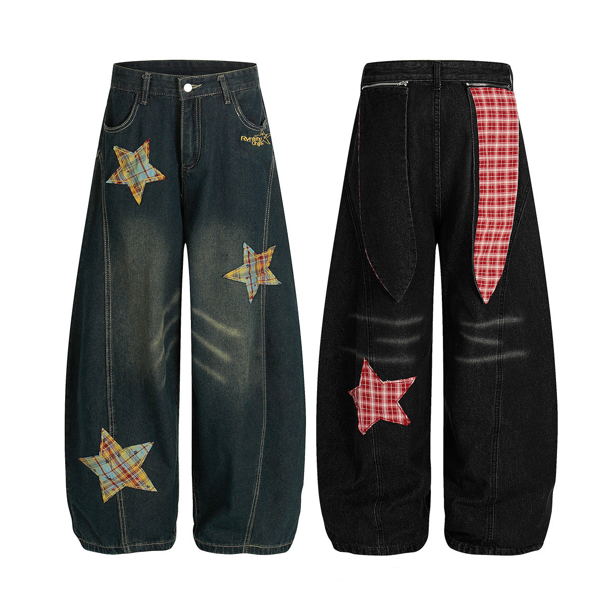 Retro Curved Knife Denim Wide Leg Pants with Star Embroidery