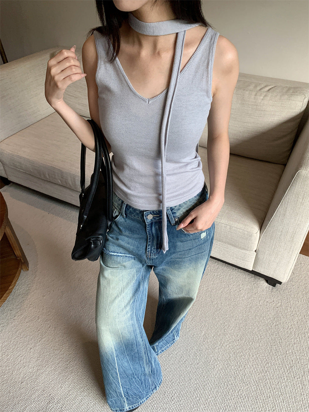 Unique Design Distressed Wide Leg Denim Pants with Tie-Dye Stripes for Women