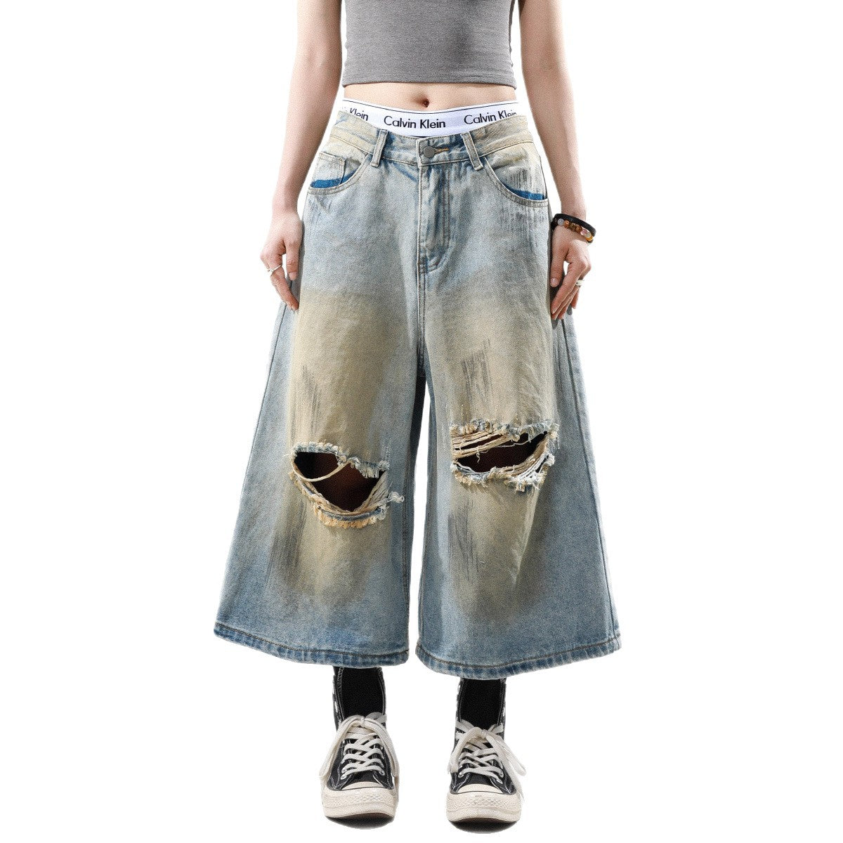Hiphop Washed Ripped Design Loose Cropped Pants