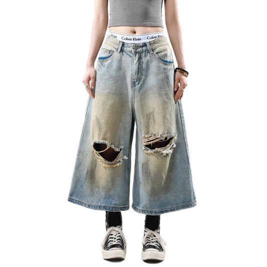 Hiphop Washed Ripped Design Loose Cropped Pants