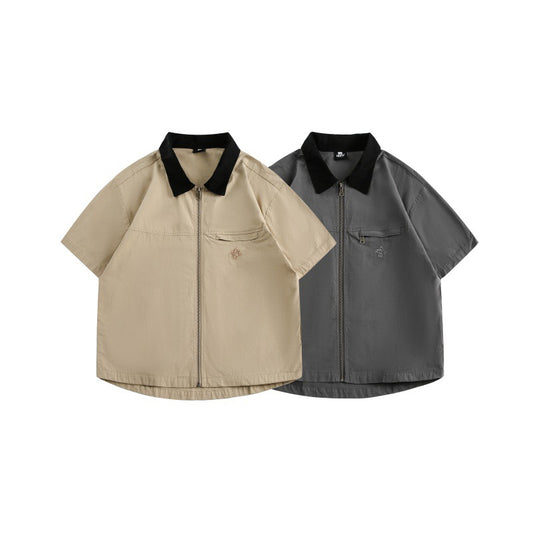 Embroidered Two-Tone Loose Workwear Short Sleeved Shirt