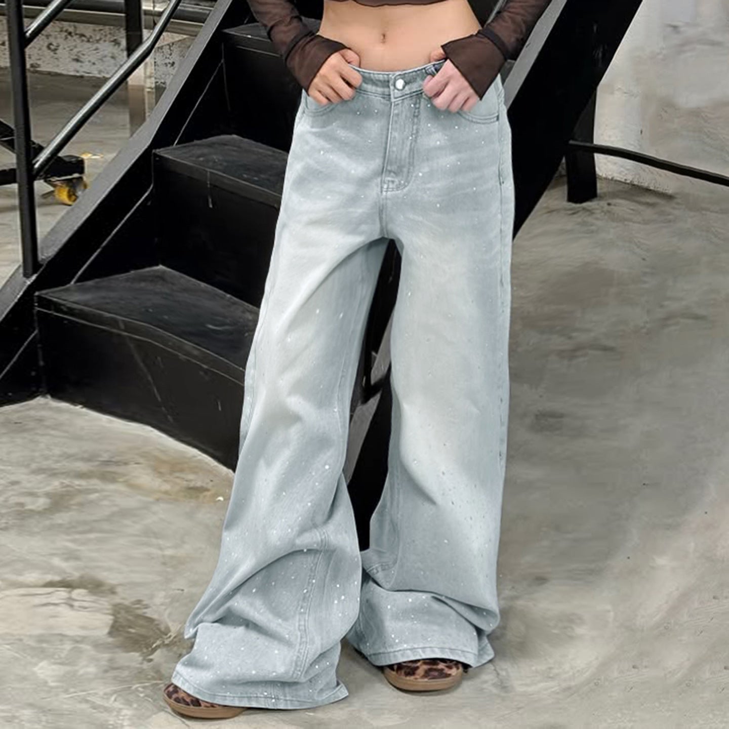 Retro Washed Rhinestone Low Rise Jeans