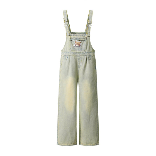 Embroidered Denim Overalls - Washed Straight Leg Jumpsuit