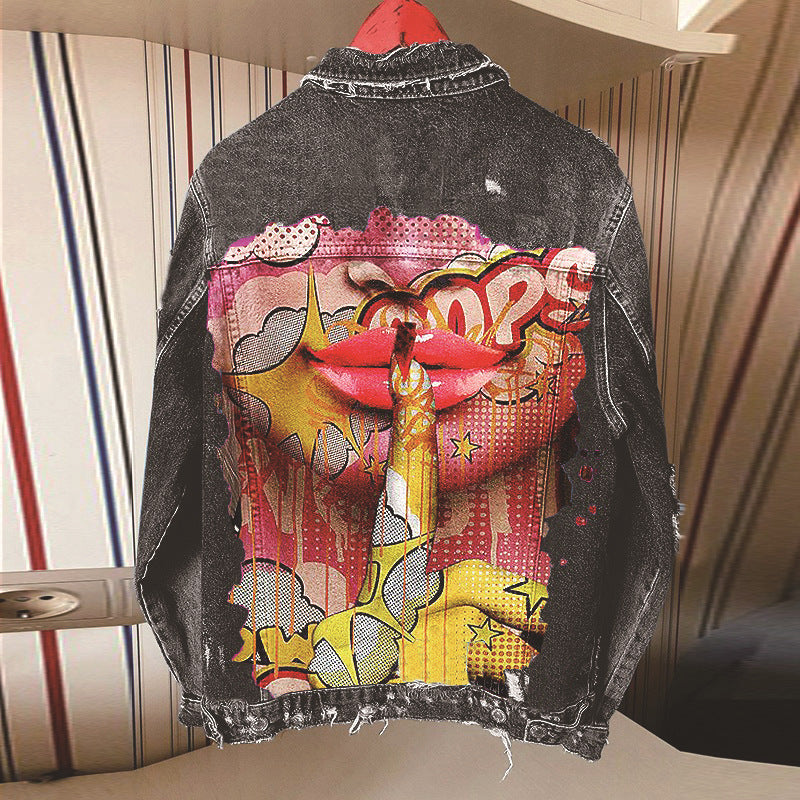 Women's  Denim Jacket with Finger to Lips Print
