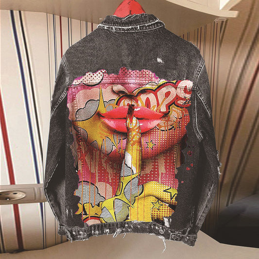 Women's  Denim Jacket with Finger to Lips Print