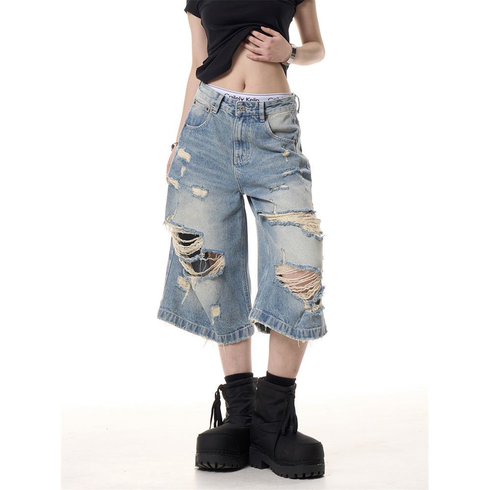Summer Ripped Thin Cropped Pants in Blue Denim