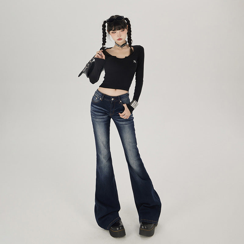 Flared Denim Pants for Women - Low Waist Slim Fit Elastic Flare Trousers