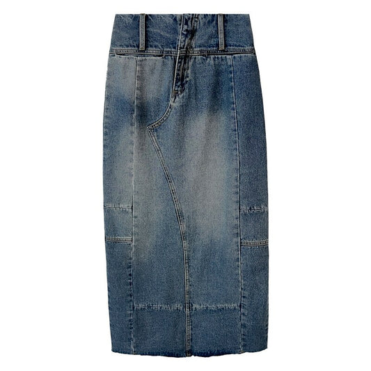 Vintage Distressed Blue Denim Women's Skirt with Zippered Pockets