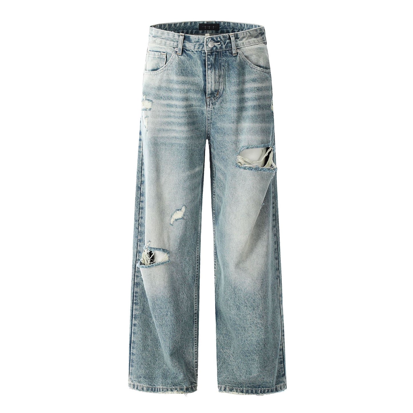 Blue Straight Hole Denim Pants for Men and Women - Loose Fit A-Line Wide Leg Casual Long Trousers