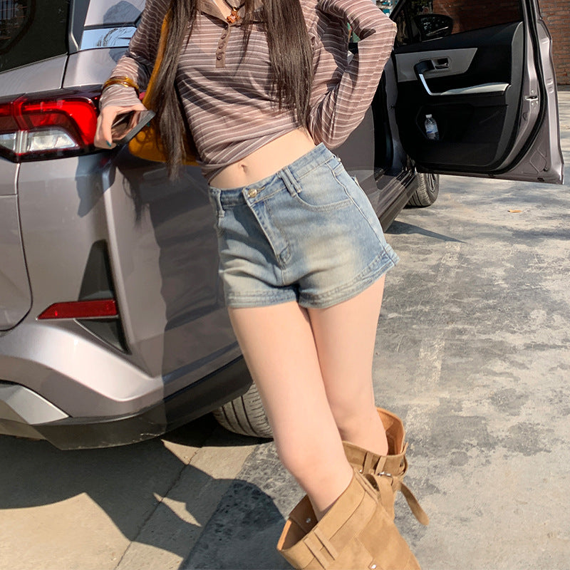 High-Elastic Denim Shorts for Women - High Waist Slimming A-Line Distressed Hot Pants