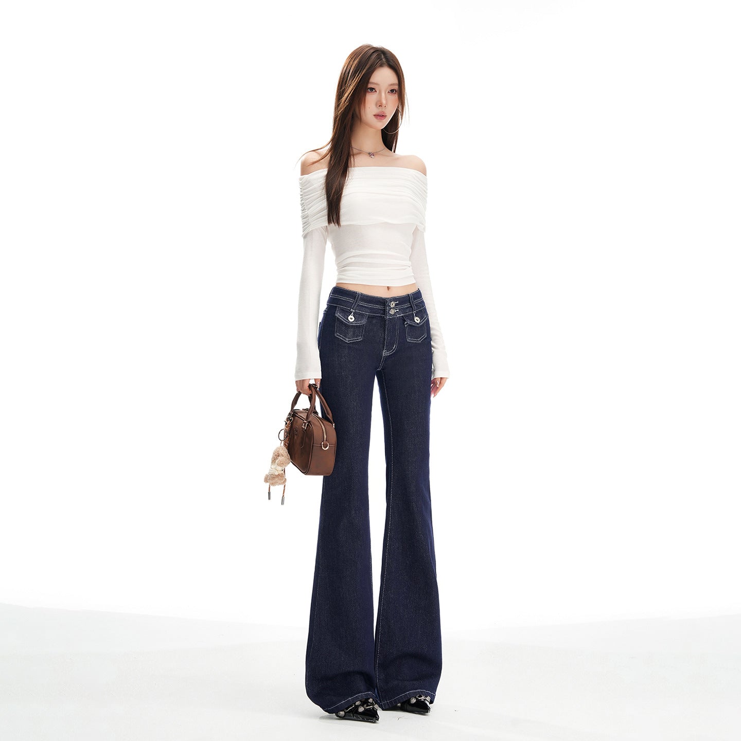 Women's Deep Blue Low-Waist Flared Denim Pants with Elastic Design