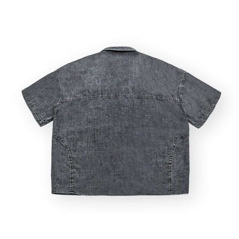 Washed and Distressed Loose-Fit Short-Sleeve Denim Work Shirt for Men