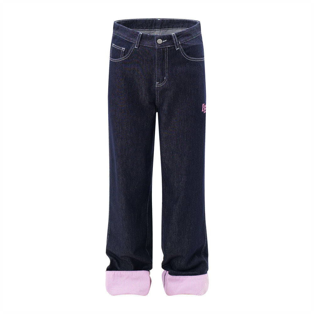 Color Blocked Flanged Denim Straight Leg Pants for Men
