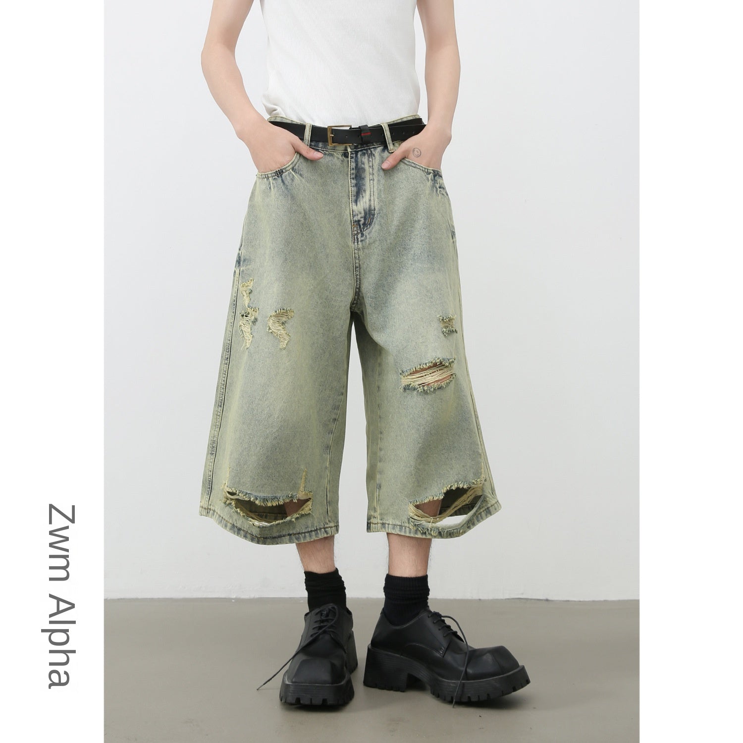 Retro Distressed Denim Shorts for Men | Loose Fit Straight Leg Capri Pants