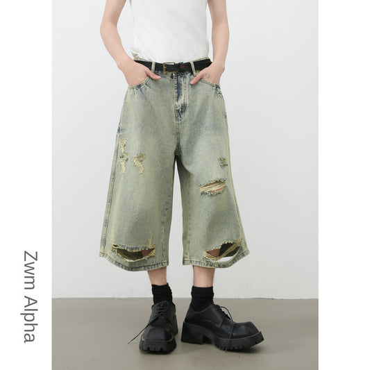 Retro Distressed Denim Shorts for Men | Loose Fit Straight Leg Capri Pants