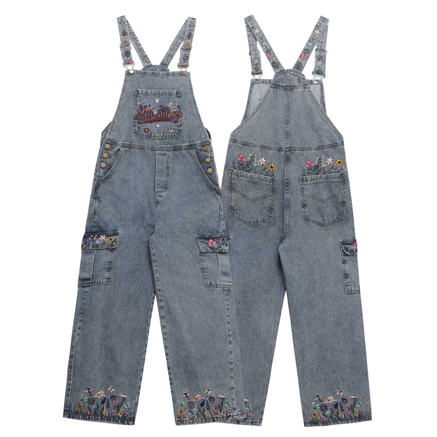 Washed Floral Letter Embroidery Denim Overalls Unisex High Street Retro Loose Jumpsuit
