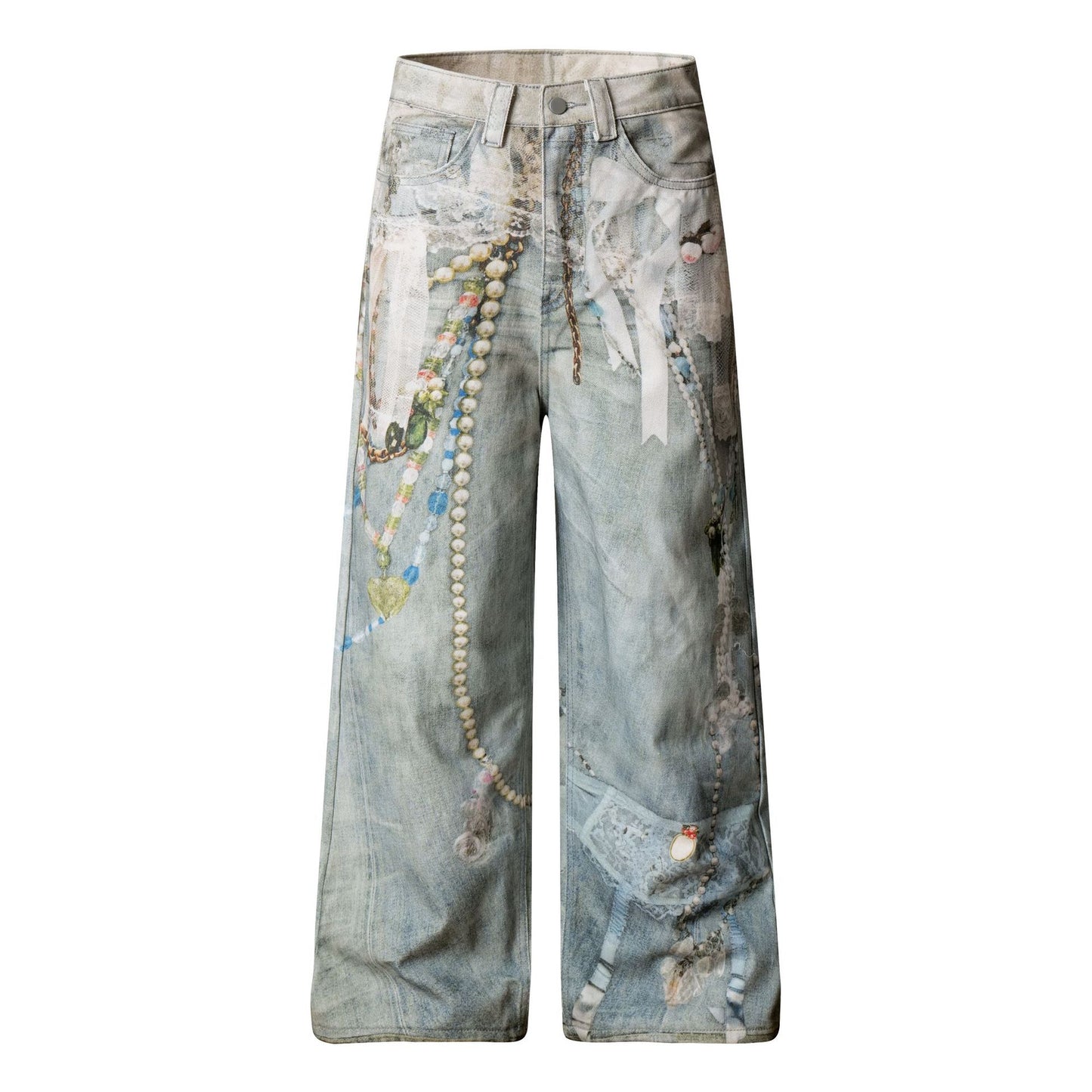 Premium Printed Washed Denim Pants with Loose and Wide Legs