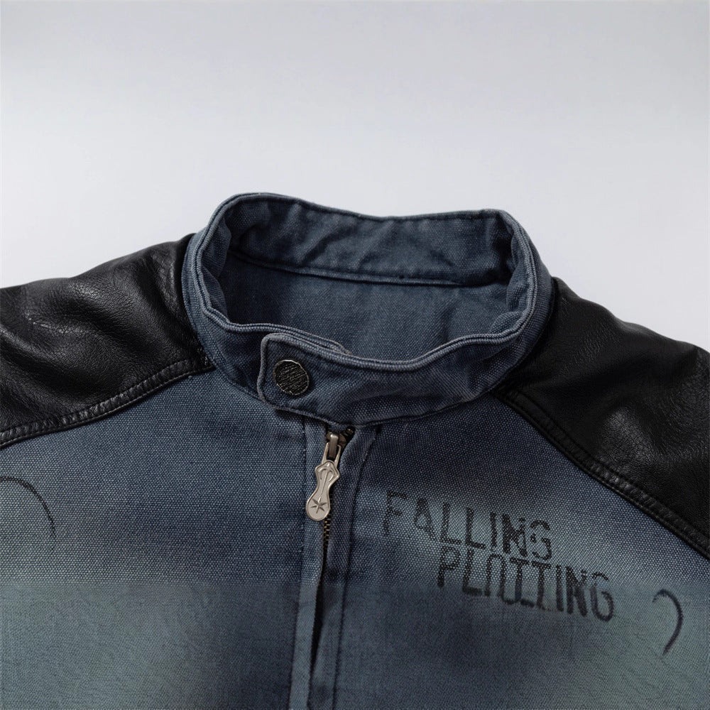 Men's Denim Coat with Distressed Stand Collar