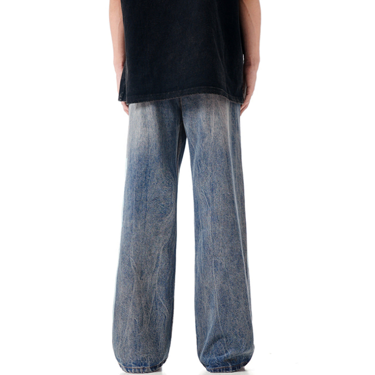 Blue Flared Denim Pants for Men and Women - Simple Clean Fit with Gathered Loose Straight Leg