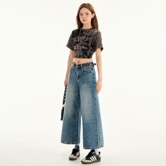 High-Waisted Wide-Leg Three-Quarter Denim Pants for Women - Vintage Washed Loose Straight Leg