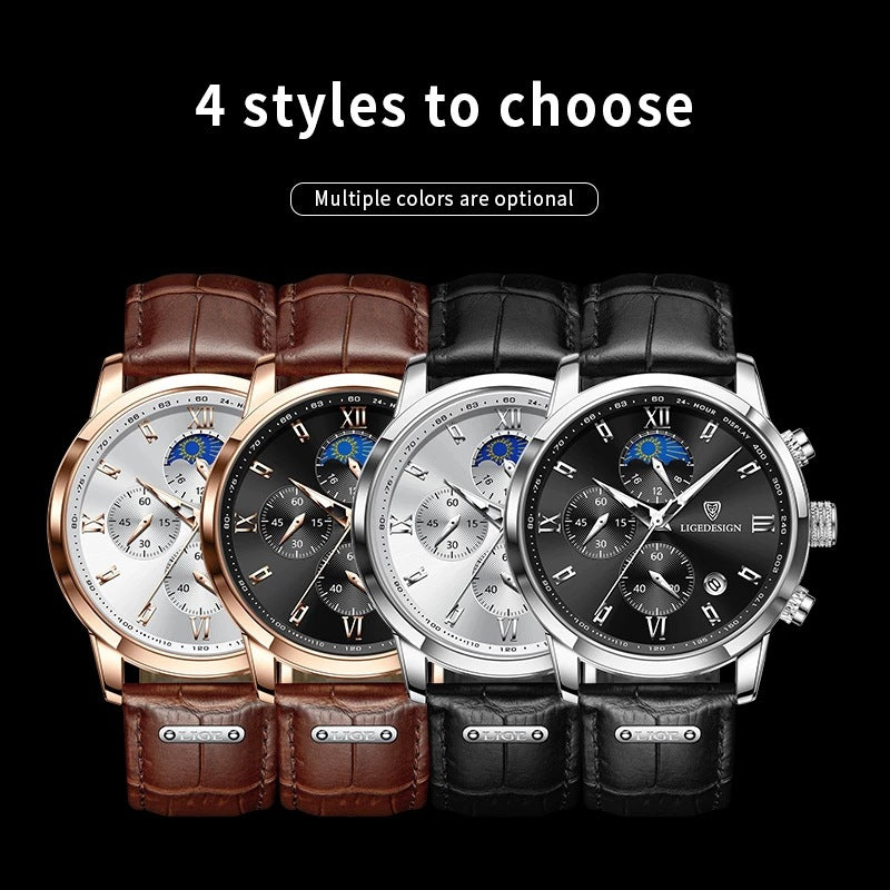 Men's Quartz Watch Multifunction Chronograph Moon Phase Quartz Movement Waterproof Watch