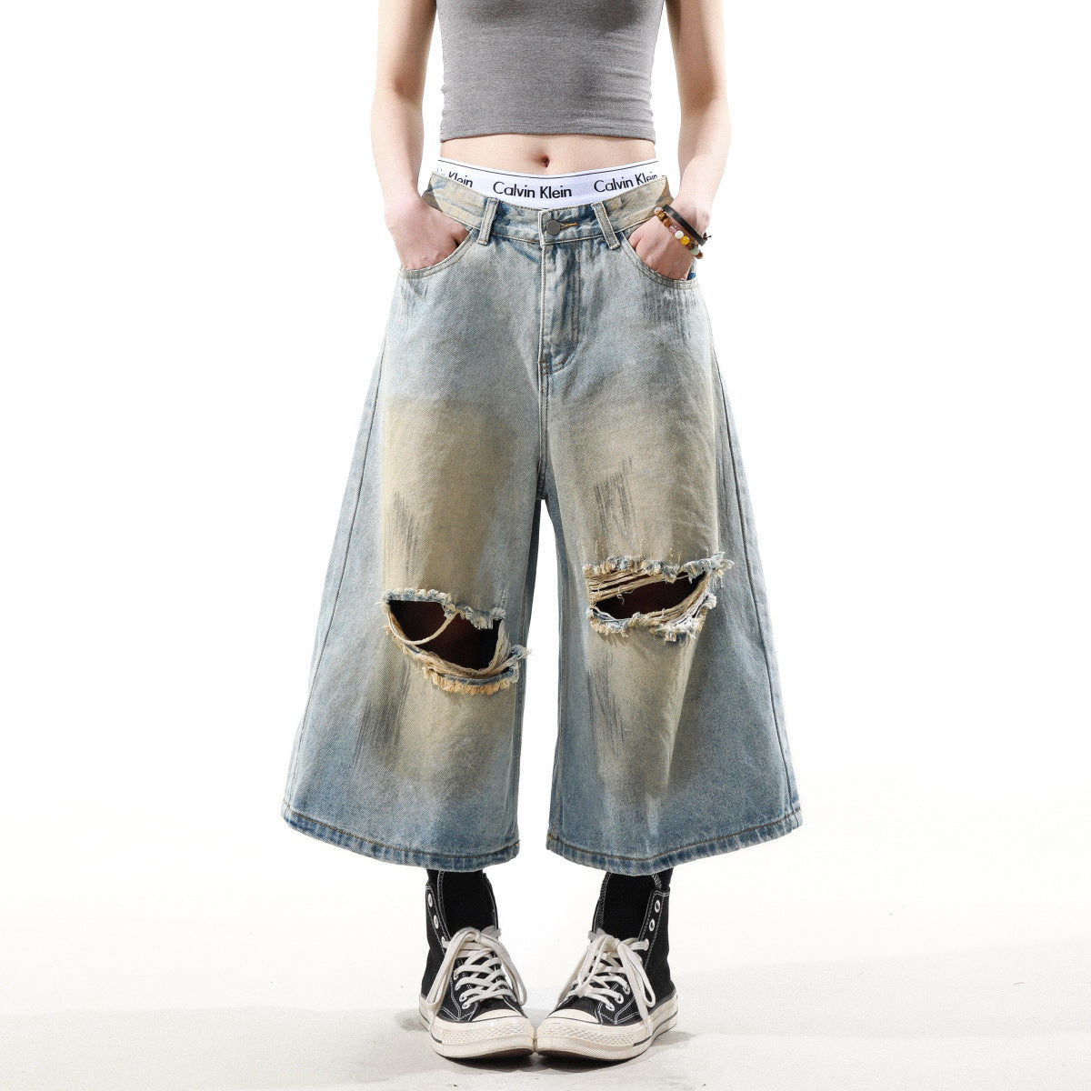 Hiphop Washed Ripped Design Loose Cropped Pants