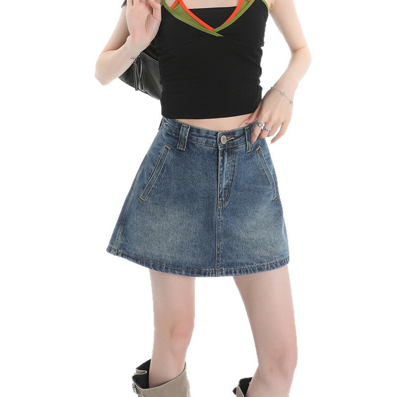 Design Sense Retro Blue Wide-Leg Denim Shorts for Women - A-Line High-Waist Skirt Pants