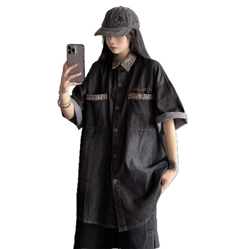 Women's Vintage Inspired Spliced Denim Short-Sleeve Shirt - Japanese Craftsmanship for Summer Street Style