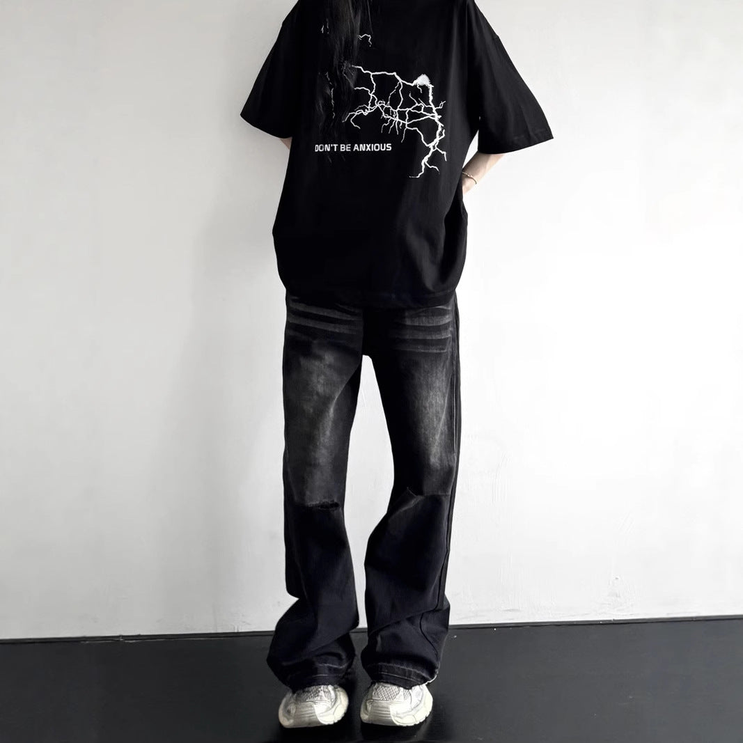 Street Water Washed Vintage Knife-Cut Distressed Denim Pants - Unisex Loose Straight Wide-Leg Long Trousers