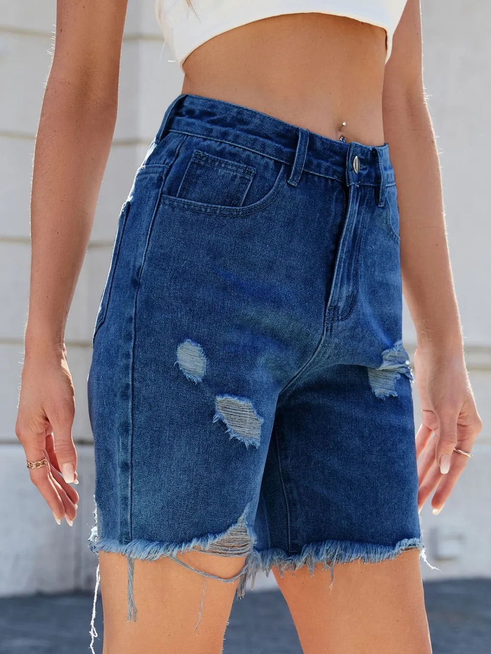 Distressed Raw Hem Denim Shorts - Premium Japanese Denim