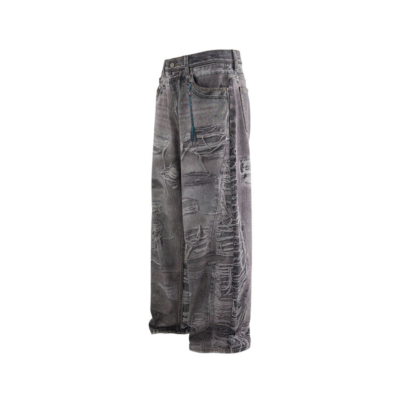 Heavy-Duty Vintage Wash Loose Fit Denim Trousers with Digital Print