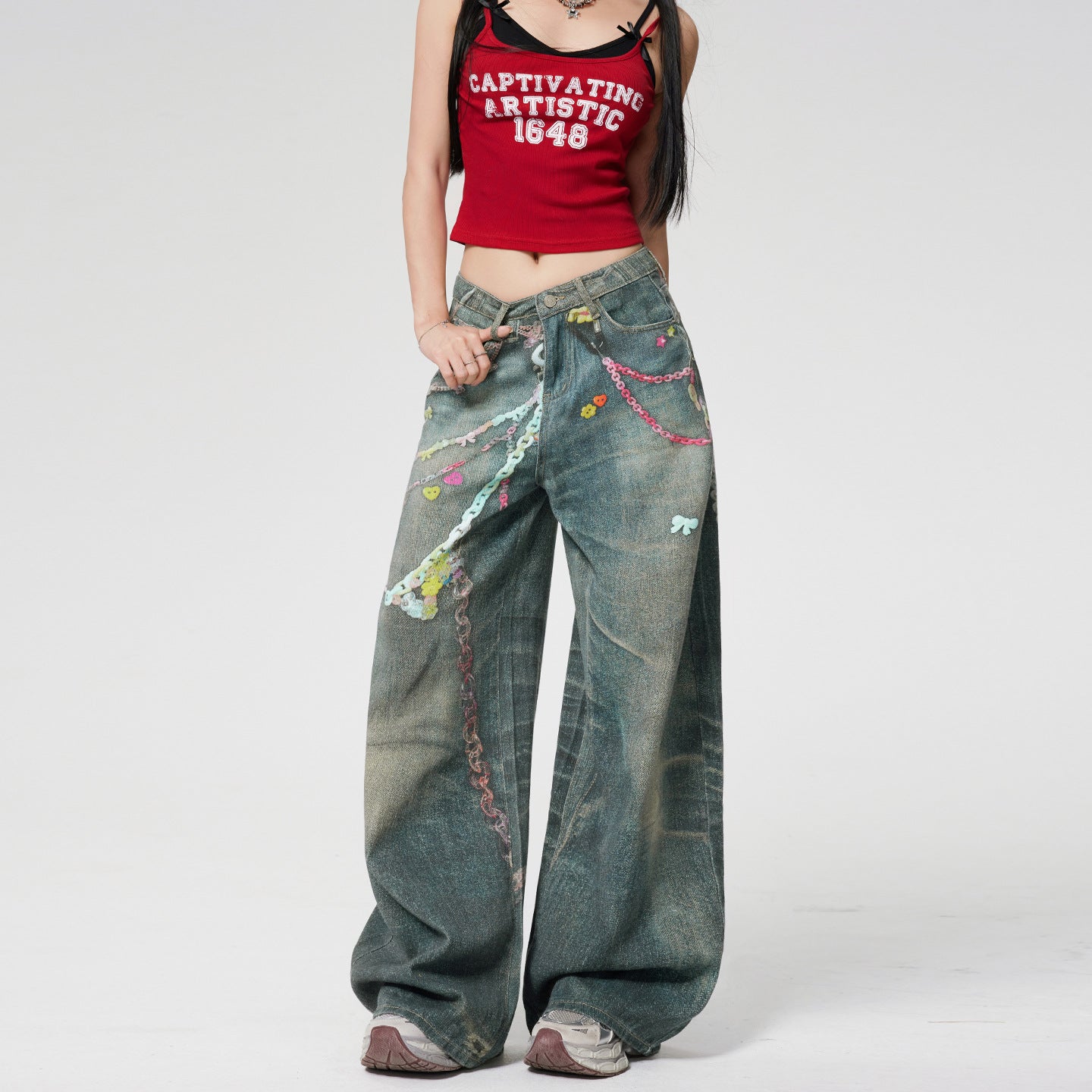 Candy Chain Pants Spicy Girl Digital Print Denim Trousers Women Fashion Straight Leg Wide Leg Pants
