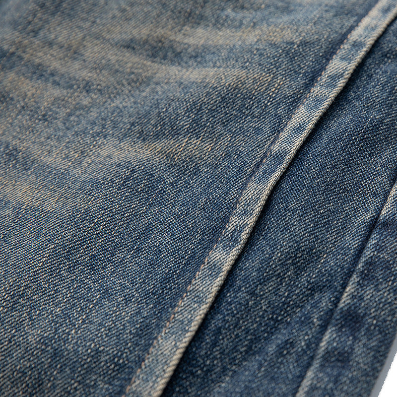 High-End Design Patchwork Cut Washed Loose Fit Denim Pants for Men