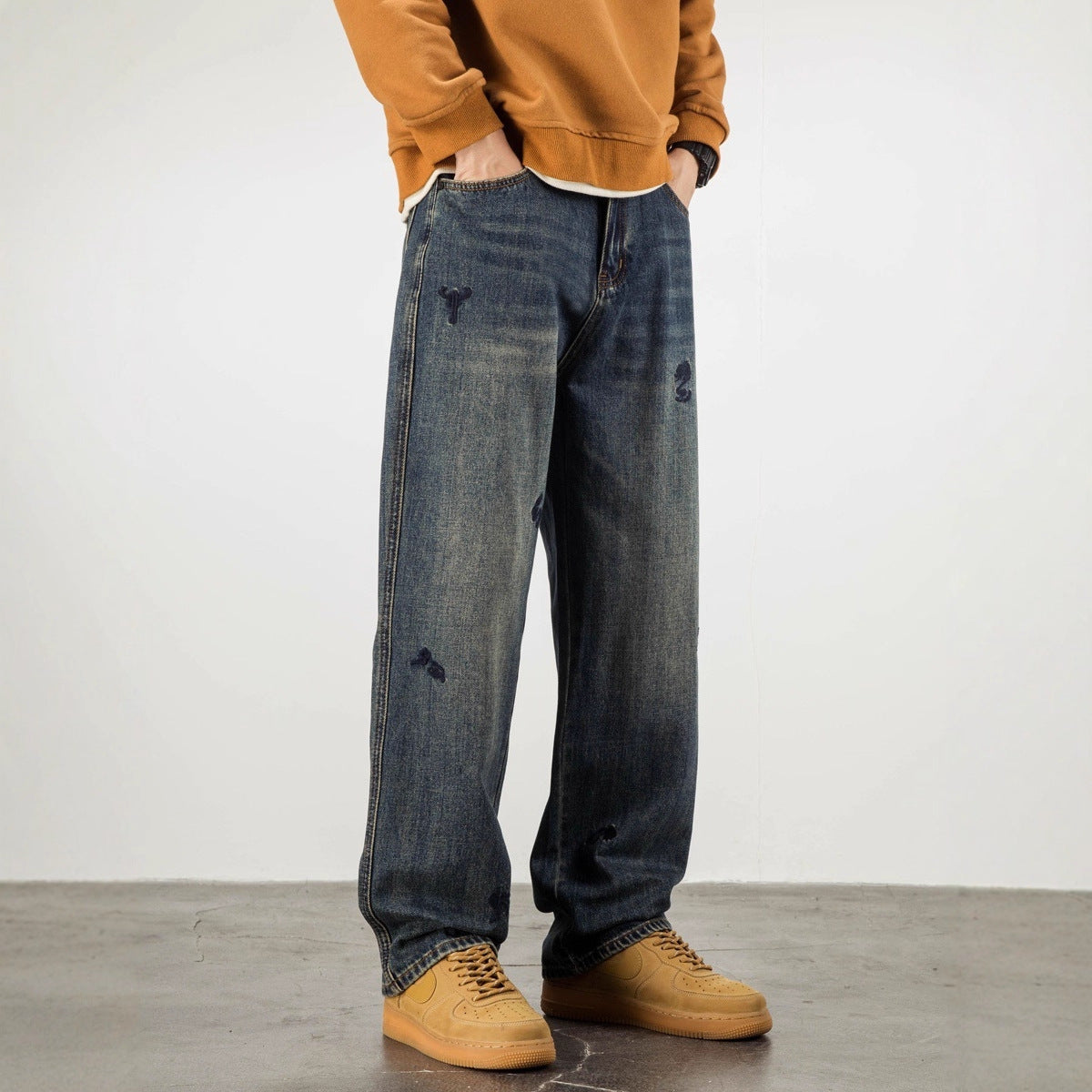 Embroidered Denim Pants - Straight Loose Casual Vintage Style Thickened