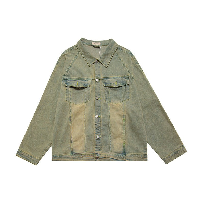 Washed and Worn Solid Color Zipper Denim Jacket