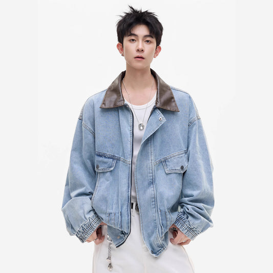 Washed Distressed Patchwork Leather Collar Denim Jacket Men