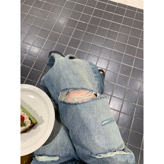 Distressed Wide Leg Denim Pants for Women