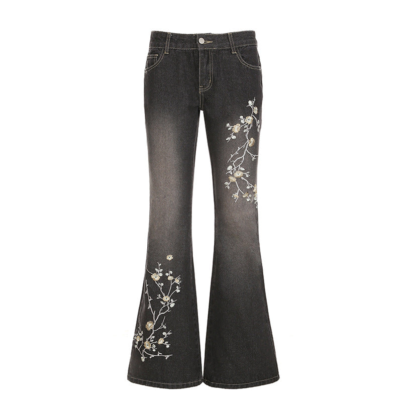 Plant Flower Embroidery Slim Fit and Slimming Flared Jeans