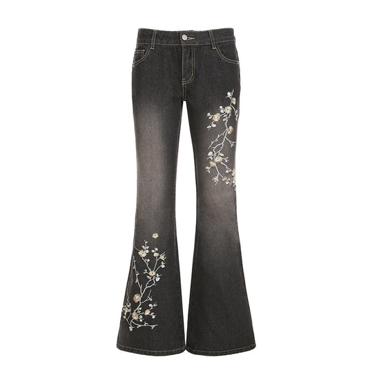 Plant Flower Embroidery Slim Fit and Slimming Flared Jeans