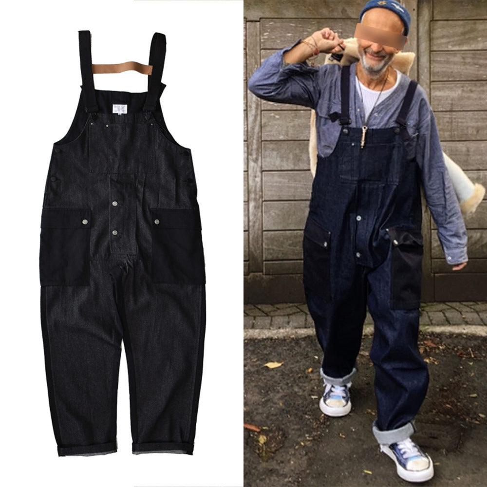 Men's Color Block Work Overalls with Multi-Pocket Suspenders