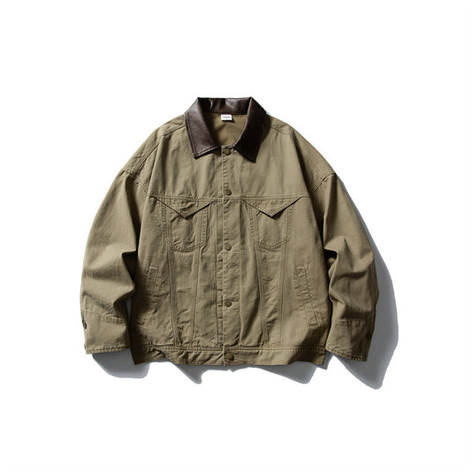 Color Block Turn-Down Collar Work Jacket for Men - Loose Fit Outerwear